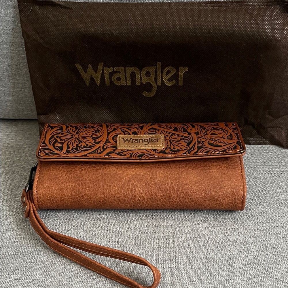 Wrangler Tan Embossed Leather Wristlet